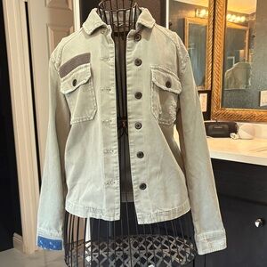 All Saints Light olive green Denim Jacket top factory distressed